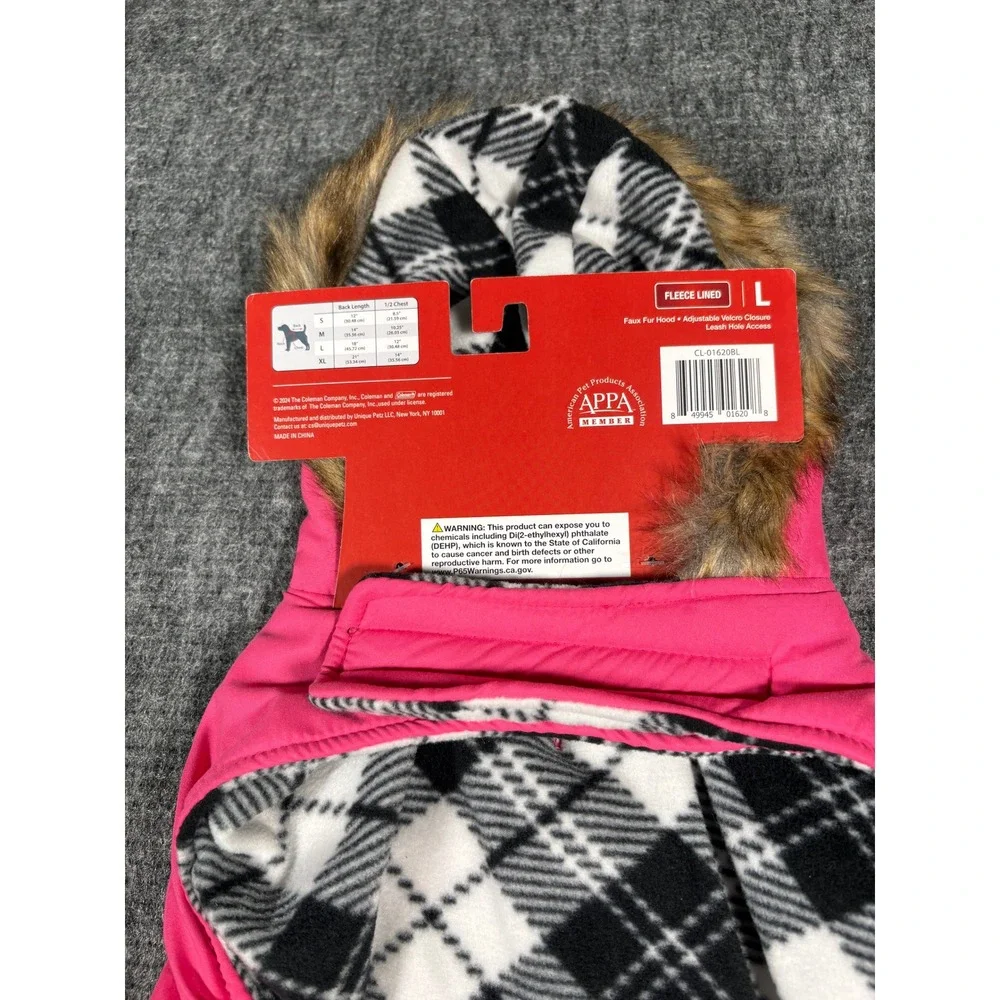 Coleman Drawcord Jacket Dog L Pink Fleece Lined Faux Fur Hood Plaid Trim Coat